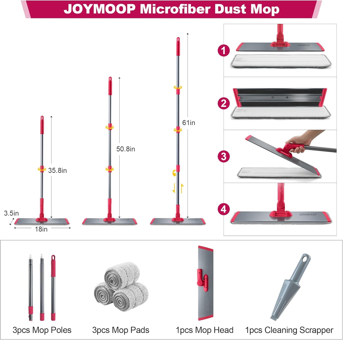 JOYMOOP 18 Inch Dust Mop for Hardwood Floors, Heavy Duty Industrial Wet Dry Mops with Telescopic Handle, Includes 5 Microfiber Mop Pads