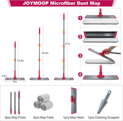 JOYMOOP 18 Inch Dust Mop for Hardwood Floors, Heavy Duty Industrial Wet Dry Mops with Telescopic Handle, Includes 5 Microfiber Mop Pads