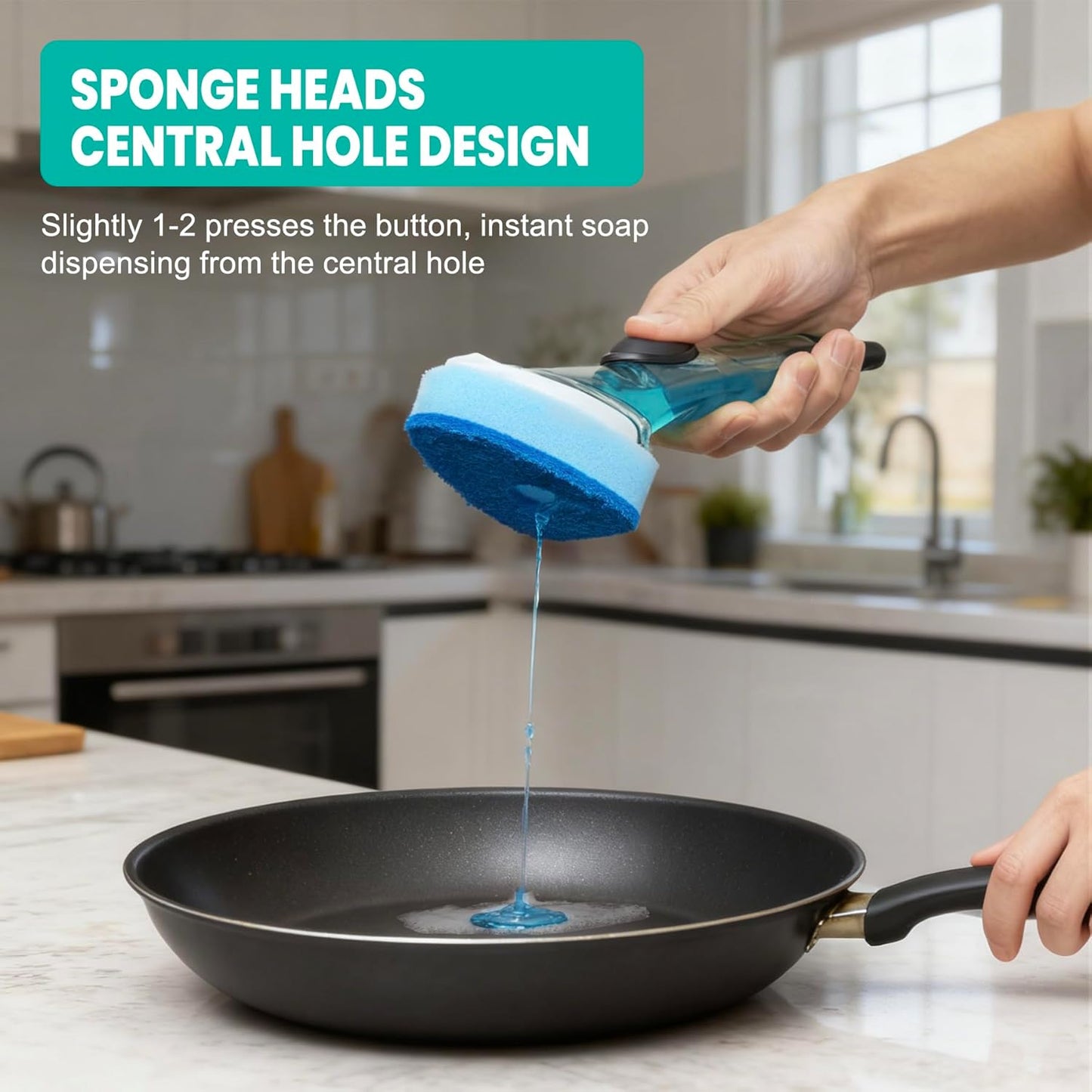 Dishwand with Refills, Dish Wand with Handle Replacement Sponge Heads, Non Scratch Soap Control Leak-Proof Dispenser Scrub,Heavy Duty Advanced Scrubber Brush Pads for Cleaning Dishes Sink Washing Tool