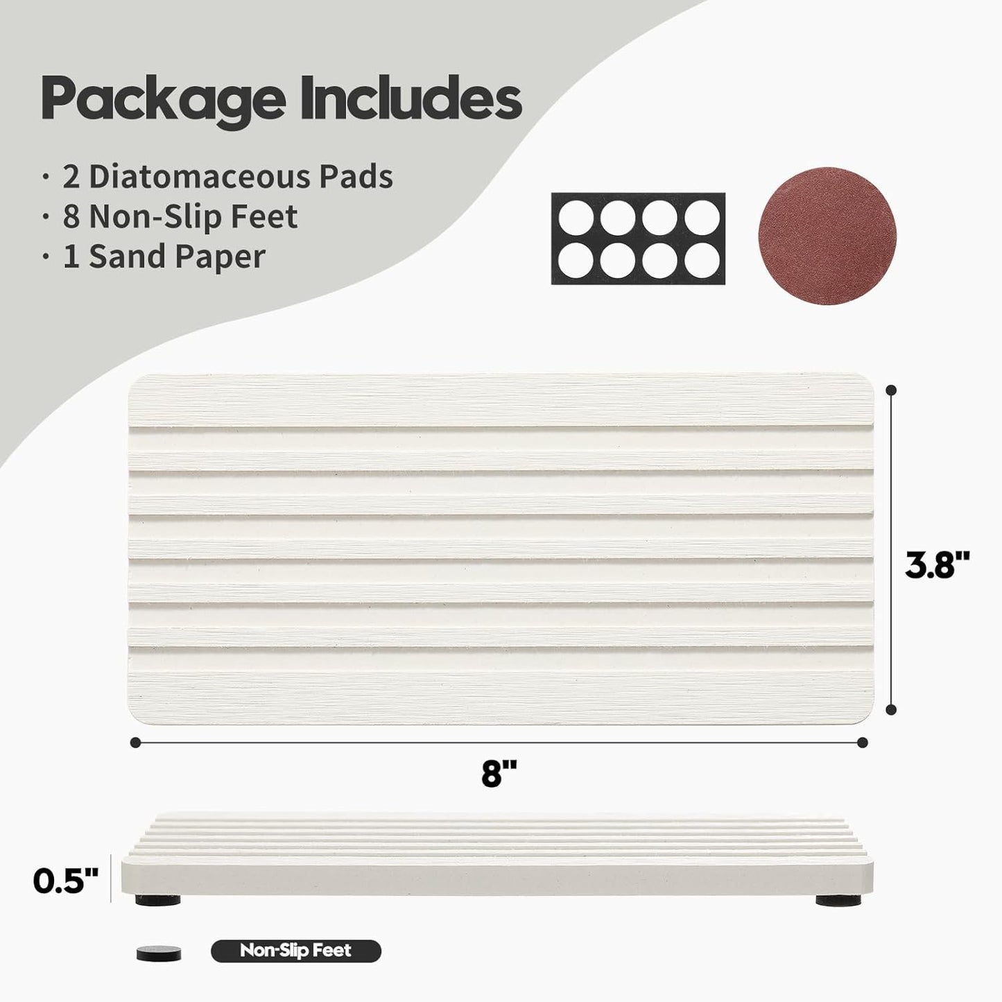 2PCS Water Absorbing Stone Drying Tray Mat for Bathroom Sink & Kitchen Counter Faucet Organizer, Quick Dry Dish Rack Soap Dispenser Sponge Holder, Vanity Sink Caddy Bar Coaster, Ivory White 8“x 4”