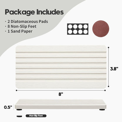 2PCS Water Absorbing Stone Drying Tray Mat for Bathroom Sink & Kitchen Counter Faucet Organizer, Quick Dry Dish Rack Soap Dispenser Sponge Holder, Vanity Sink Caddy Bar Coaster, Ivory White 8“x 4”