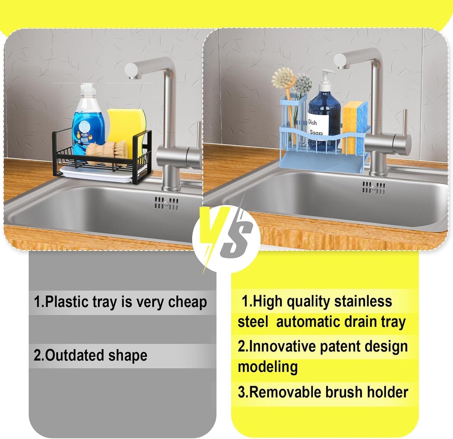 Fssvcd Maifan Sink Caddy Sponge Holder for Kitchen with Brush Holder and Stainless Steel Self Drain Tray, Rustproof Kitchen Sink Organizer for Sponge, Soap Dispenser Storage Accessories