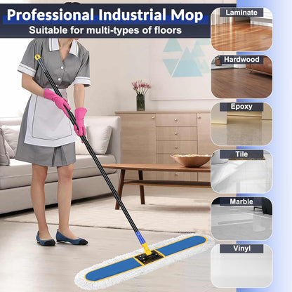 48" Commercial Industrial Dust Mop for Floor Cleaning, Large Floor Dust Broom with Washable Mops Pads, Wet Dry Duster Mops for Hardwood Floors,Marble, Laminate, Tile, Concrete, Garage,Blue