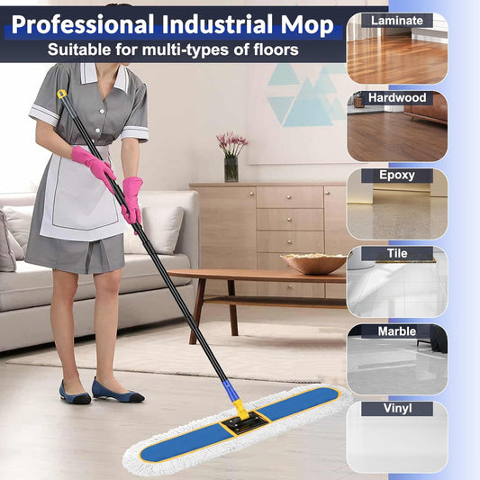 48" Commercial Industrial Dust Mop for Floor Cleaning, Large Floor Dust Broom with Washable Mops Pads, Wet Dry Duster Mops for Hardwood Floors,Marble, Laminate, Tile, Concrete, Garage,Blue