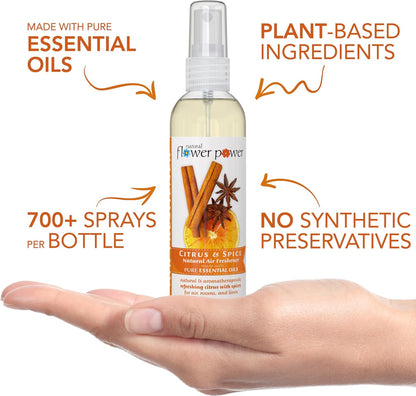 Natural Flower Power Air Freshener Spray - Odor Eliminator with Essential Oils for Home, Car & Fabric - Cruelty Free & Vegan - Variety Pack - Citrus & Spice + Lavender + Lemongrass - 3 x 4 fl oz