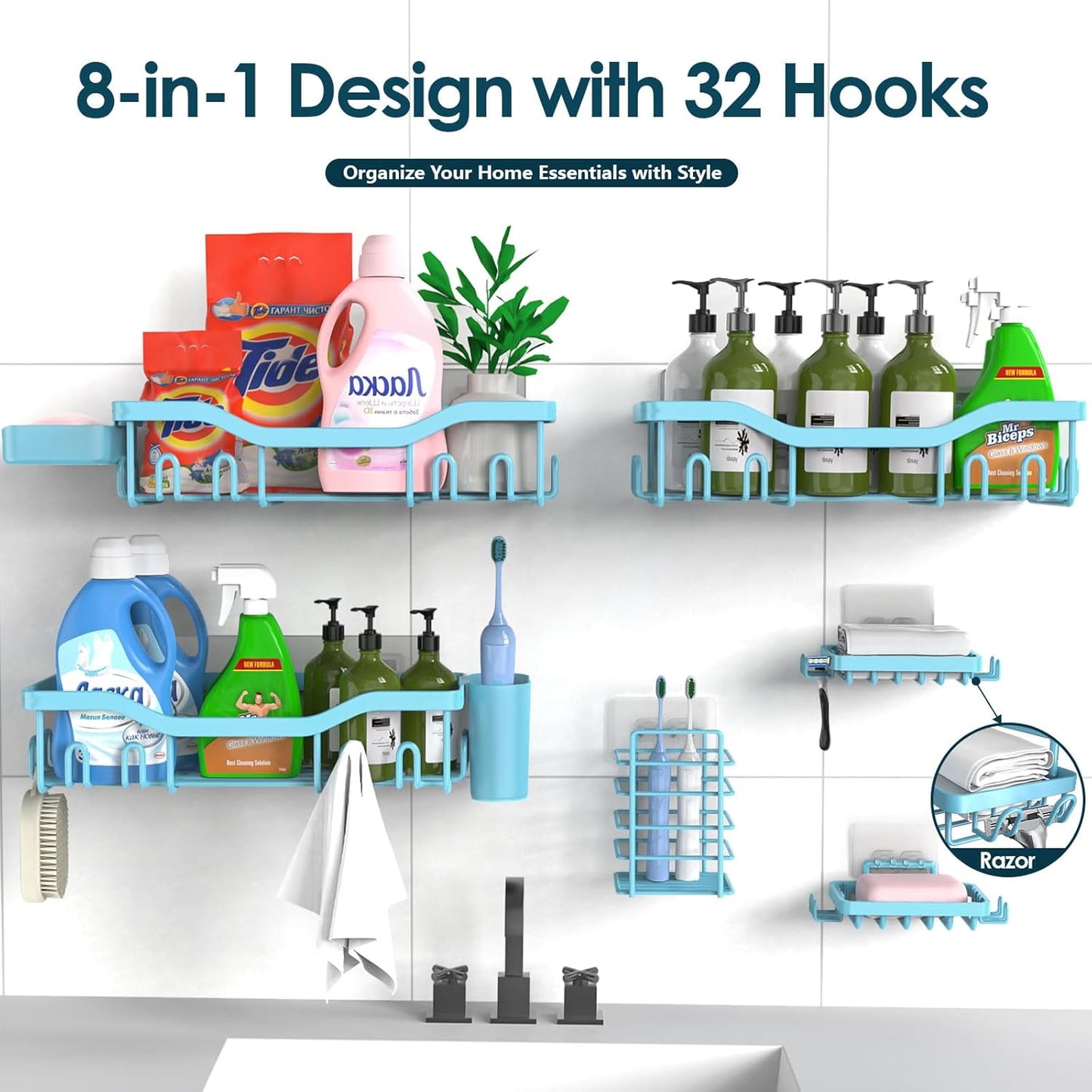 NESOMI Shower Caddy Adhesive Shower Organizer 7-Pack, Rustproof Stainless Steel Bathroom Shelves, Large Capacity No-Drill Rack Storage Accessories with Soap Dish Toothbrush Holder &24 Hooks Home Decor