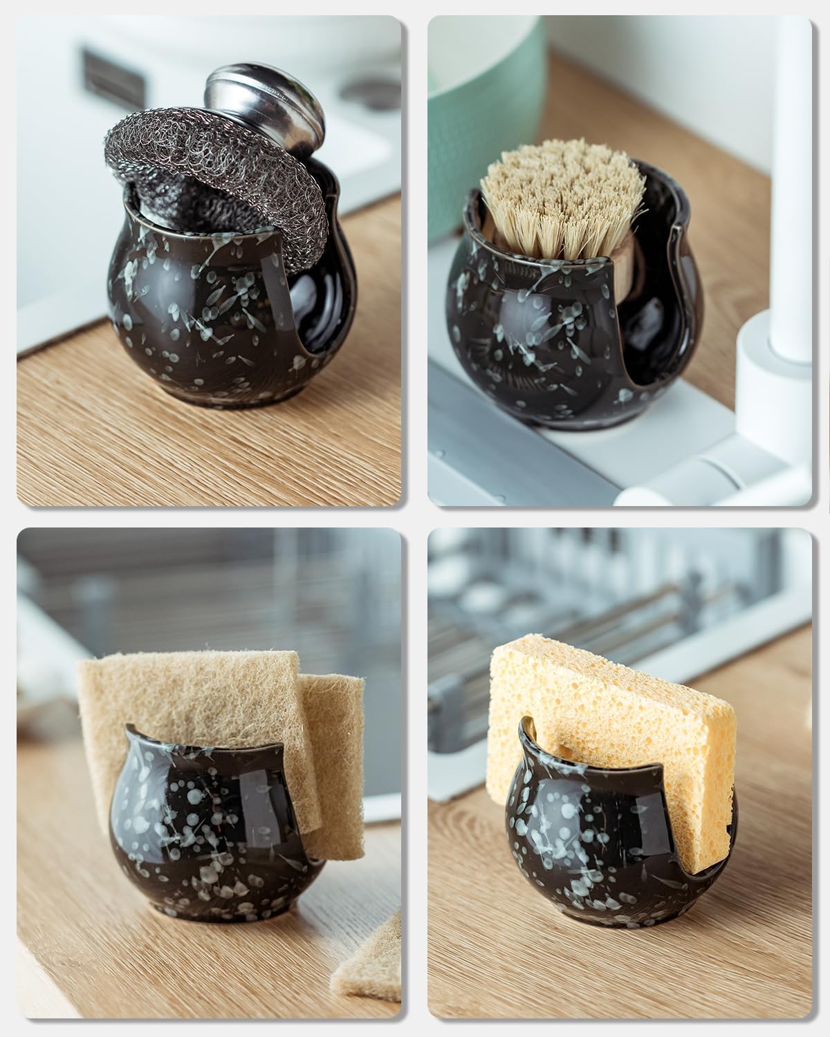 Zoeeker Sponge Holder for Kitchen Sink, Ceramic Dish Sponge Dish Rack Scrubby Caddy Kitchen Organizer Cute Sink Caddy Organizer, Farmhouse Decor, Speckled Glaze
