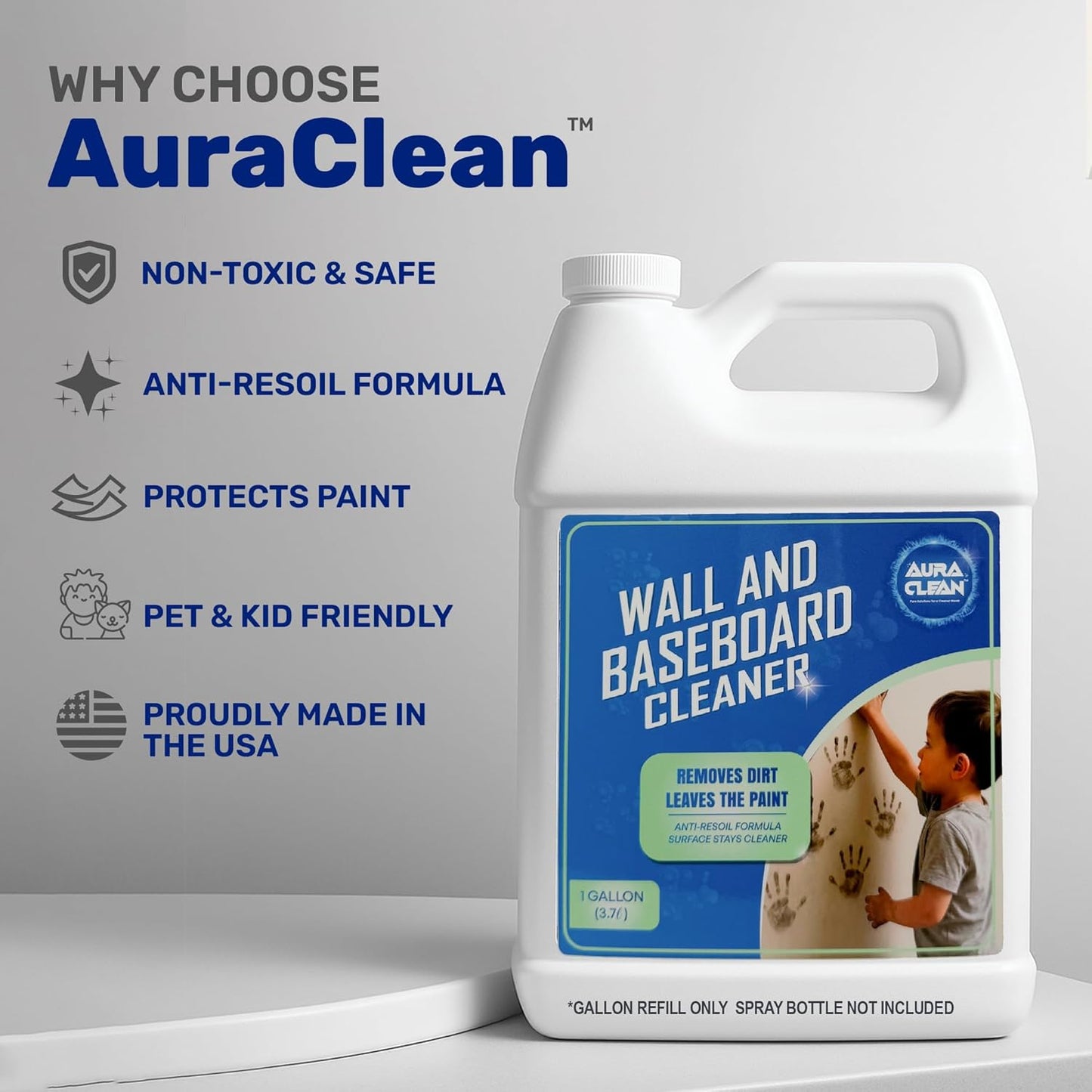 Gentle Wall & Baseboard Cleaner - Safe for Painted Walls & Trim | Non-Toxic, No-Rinse Spray | Anti-Resoil, Streak-Free Finish for Everyday Cleaning | 32 oz (1 Quart) | Made in USA