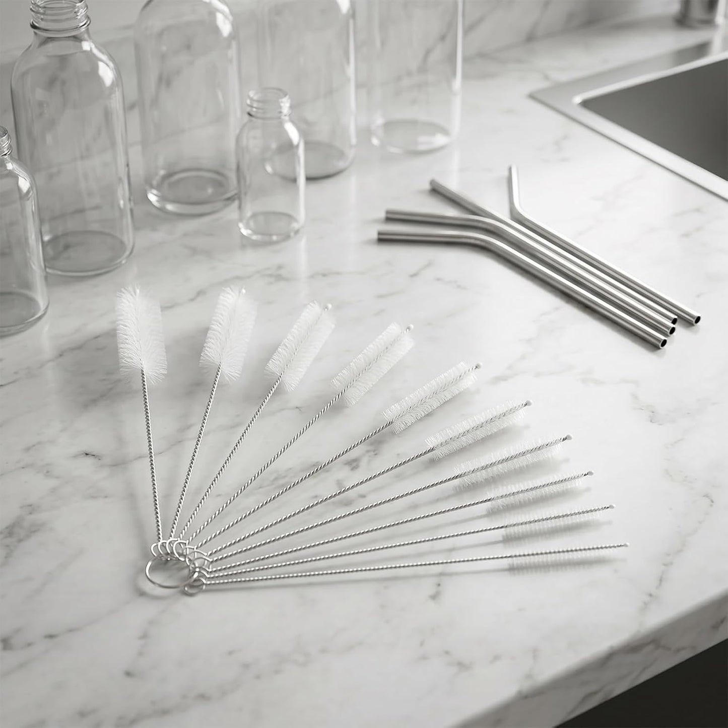 Mini Straw & Pipe Cleaning Nylon Brushes | 10 Brush Set | 8 inch Length | Flexible, Non-Scratch, Rust-Resistant Steel Handle | Reusable Straws, Pipes, Tubes, Mini Bottles etc