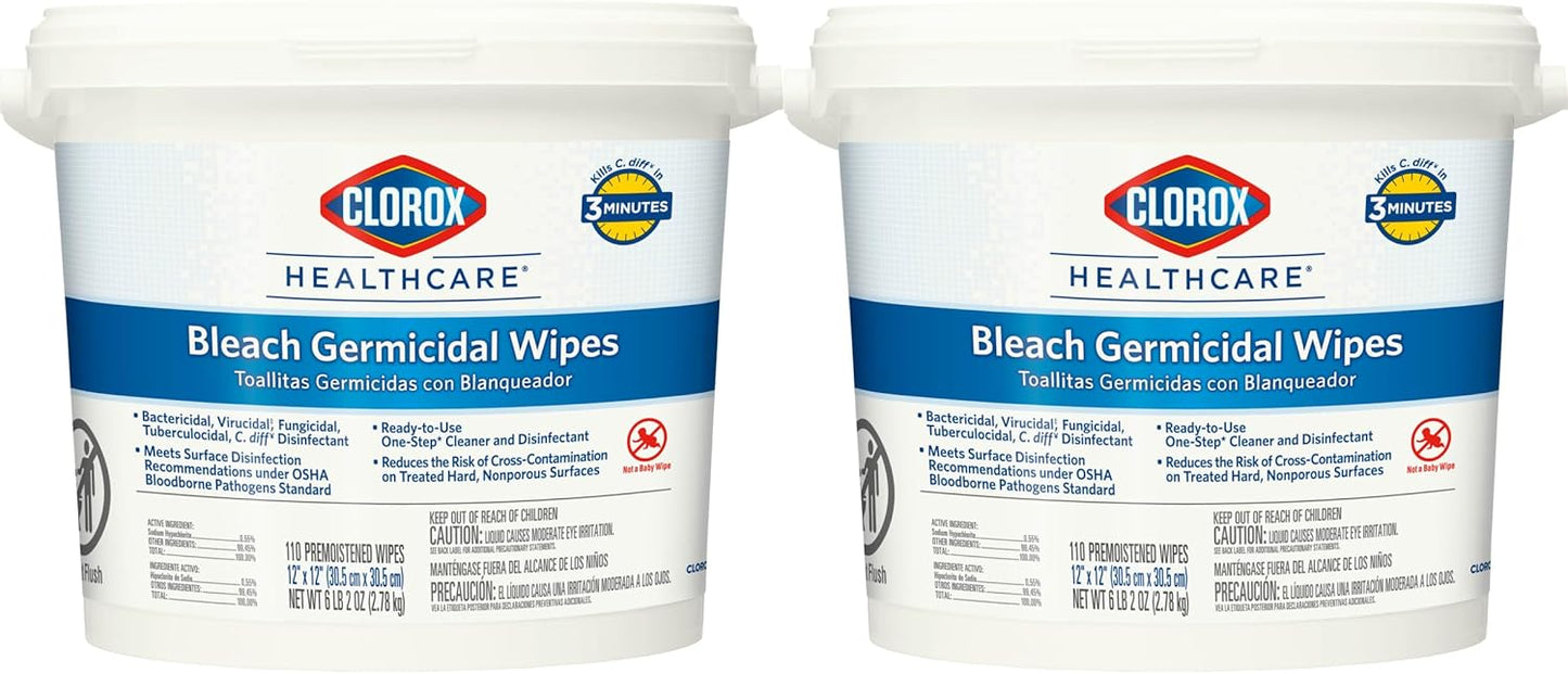 Clorox Healthcare Bleach Germicidal Wipes Bucket, 12" x 12", 110 Count Bucket (Package May Vary)