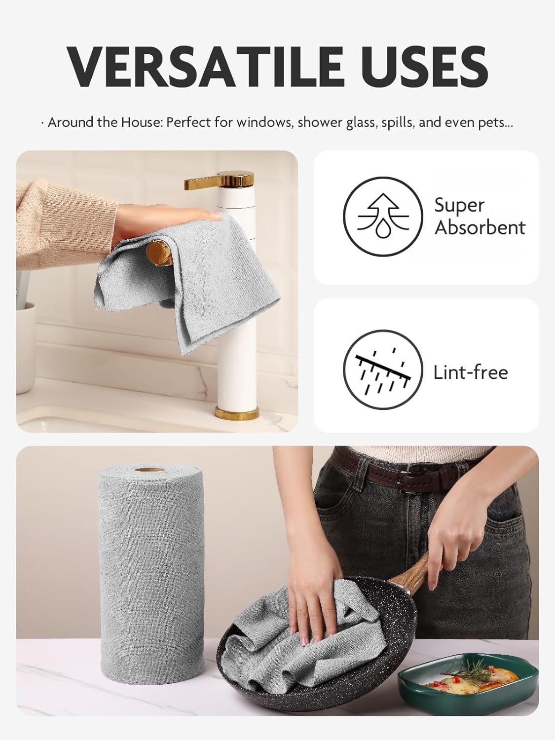 Fantasticlean Microfiber Cleaning Cloth Roll -40 Pack, Tear Away Microfiber Towels, 12" x 12", Reusable, Washable, Scratch Free, Ultra Absorbent Dishcloth for All-Around Cleaning Supplies (White)