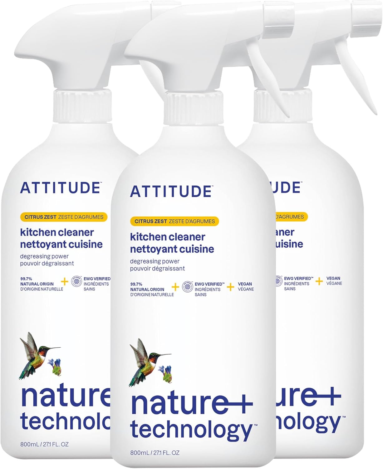 ATTITUDE Kitchen Cleaner Spray, EWG Verified, Degreaser Spray to Cut Grease & Grime, Plant-Based & Vegan, Citrus Zest Scent, 27.1 Fl Oz