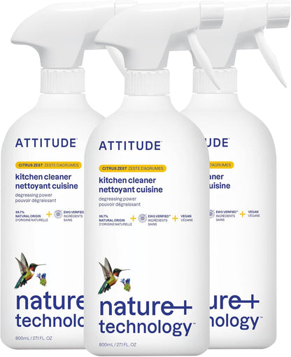 ATTITUDE Kitchen Cleaner Spray, EWG Verified, Degreaser Spray to Cut Grease & Grime, Plant-Based & Vegan, Citrus Zest Scent, 27.1 Fl Oz