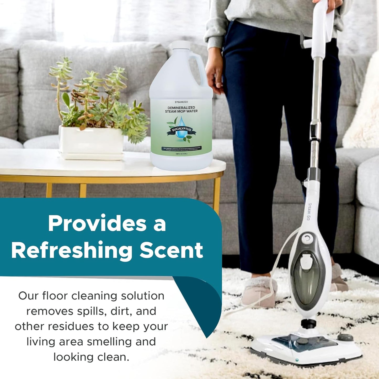 Steam & Go - Demineralized Water for Steam Cleaner, PVC-Free Floor Cleaner Liquid Compatible with Any Steam Mop, Ready-to-Use Multisurface Cleaner, Scented Mop Solution, Eucalyptus Mint, 32 oz