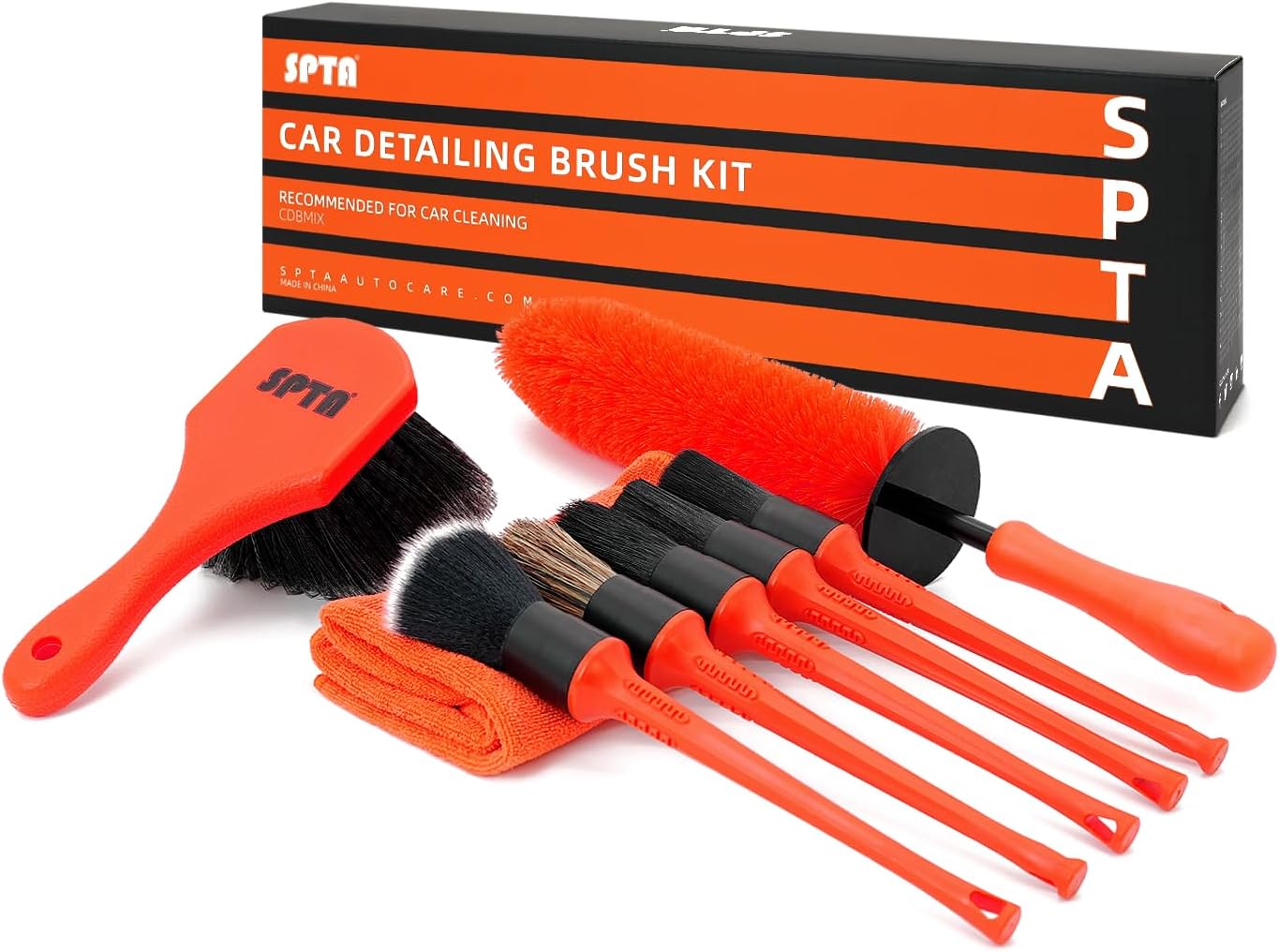 SPTA 8Pcs Wheel & Tire Brush Car Detailing kit, Easy Reach Wheel and Rim Brush, 5pcs Detailing Brushes, Short Handle Cleaning Brush, 1pc Microfiber Cleaning Cloth, Great to Clean Dirty Tires