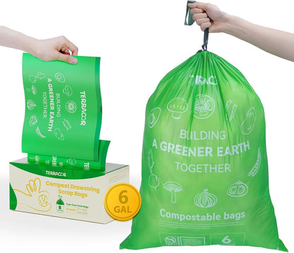 6 Gallon Compostable Trash Bags Drawstring, Heavy Duty Extra Thick 1 Mil, 35 Bags, Tall Kitchen Food Scrap Waste Bag, ASTM D6400 ASIN