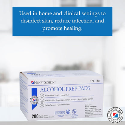 Henry Schein Large Alcohol Prep Pads (200/Box) - 70% Isopropyl Alcohol Wipes, Individually Wrapped - 2 ply, Textured - Skin Prep Alcohols Swabs - Sterile Pads