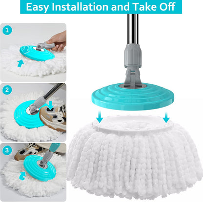 Stainless Steel Extendable Mop Handle with 2 Microfiber Replacement Heads & 360° Rotating Base Plate — Fits Standard Mop Buckets -White
