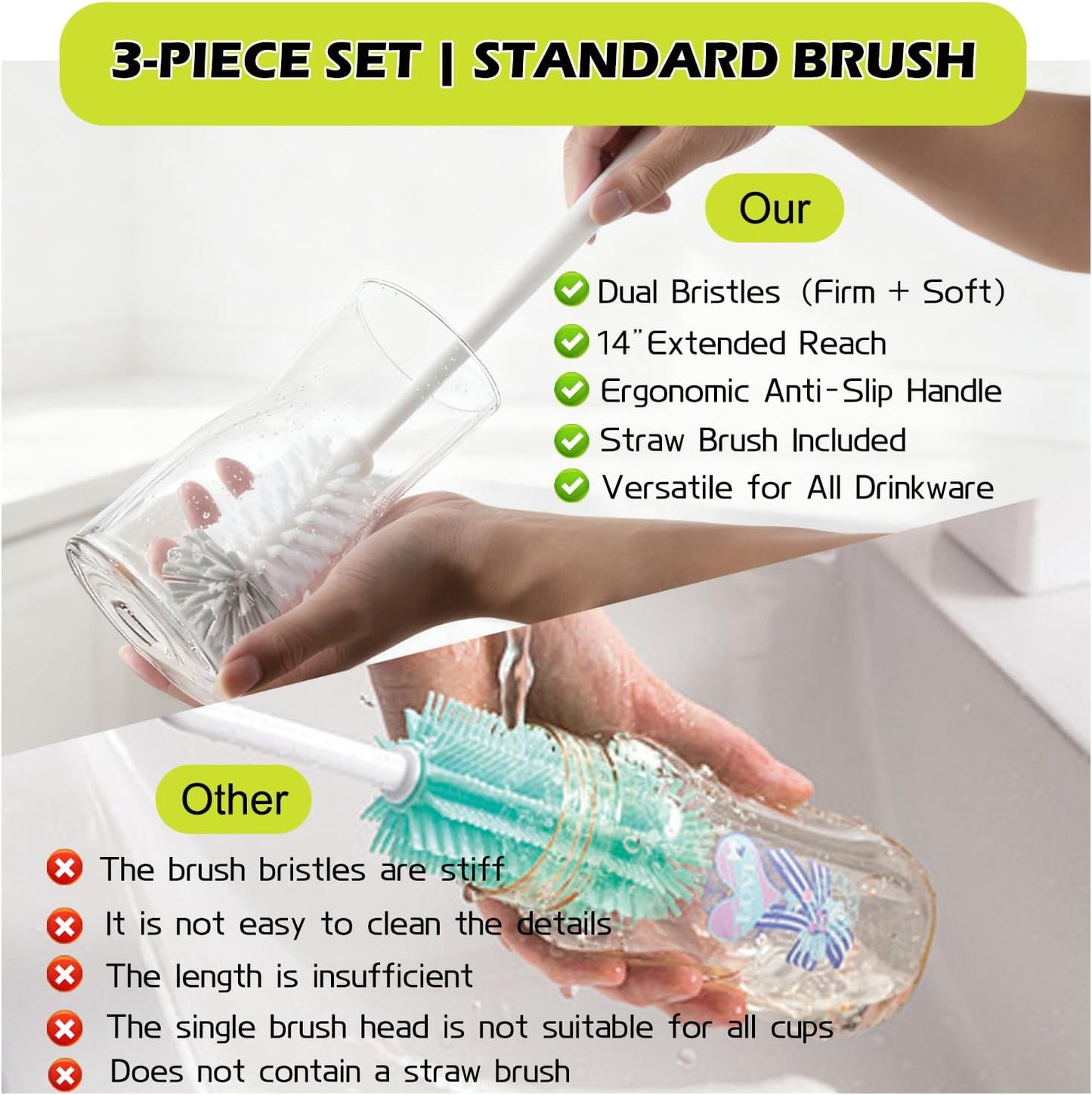 2 Pack 14 Inch Bottle Brush & 12 Inch Straw Brush Cleaner Set - Heavy Duty Kitchen Bottle Brushes for Cleaning Water Bottles, Mugs, Sippy Cups & Tumblers, Lab Use (Large)