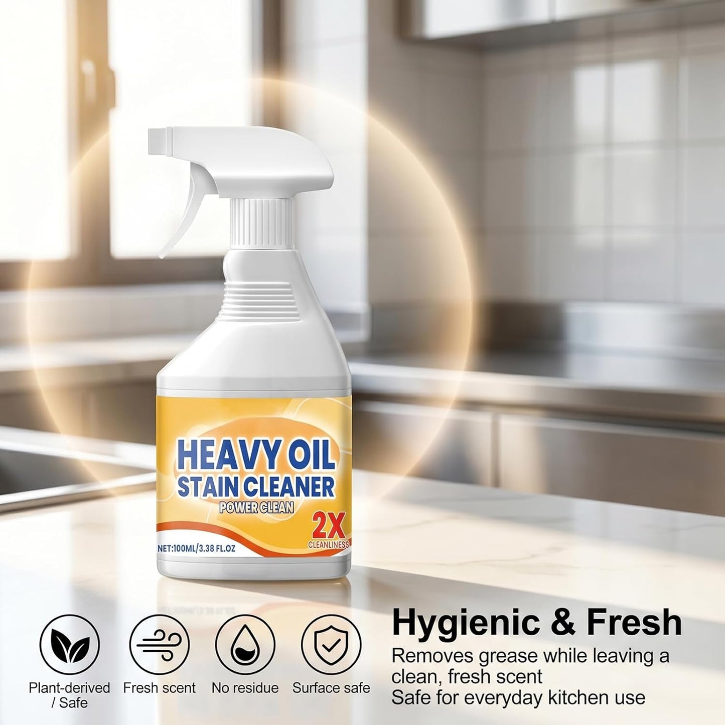 Heavy Duty Kitchen Degreaser Spray, Powerful Cleaner for Stubborn Oil Stains, Grease Remover for Stovetops, Countertops, Ovens & Grills, 2 PCS