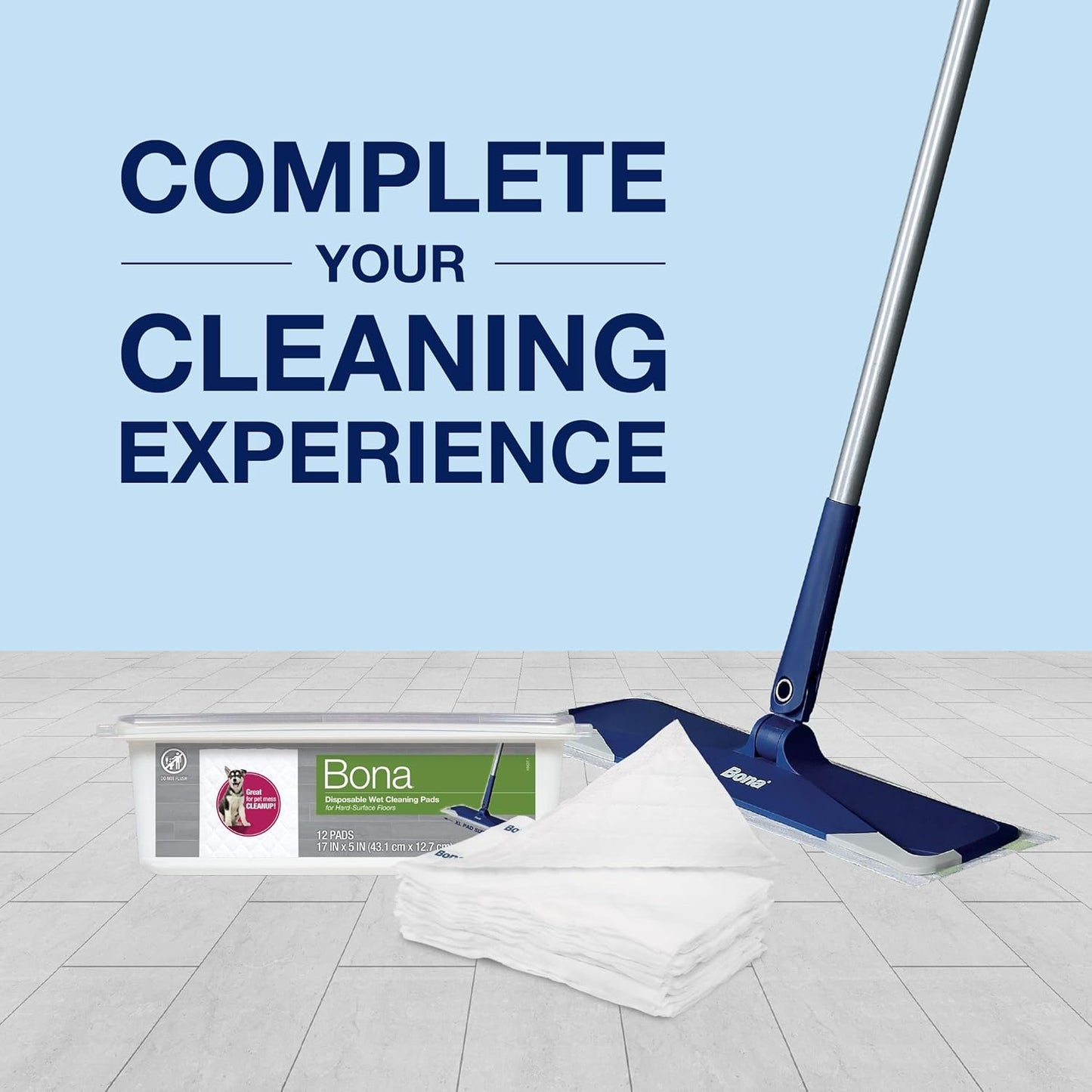 Bona Multi-Surface Floor Disposable Wet Cleaning Pads - 12-Pack - Residue-Free Floor Cleaning Solution for Stone, Tile, Laminate, and Vinyl Floors