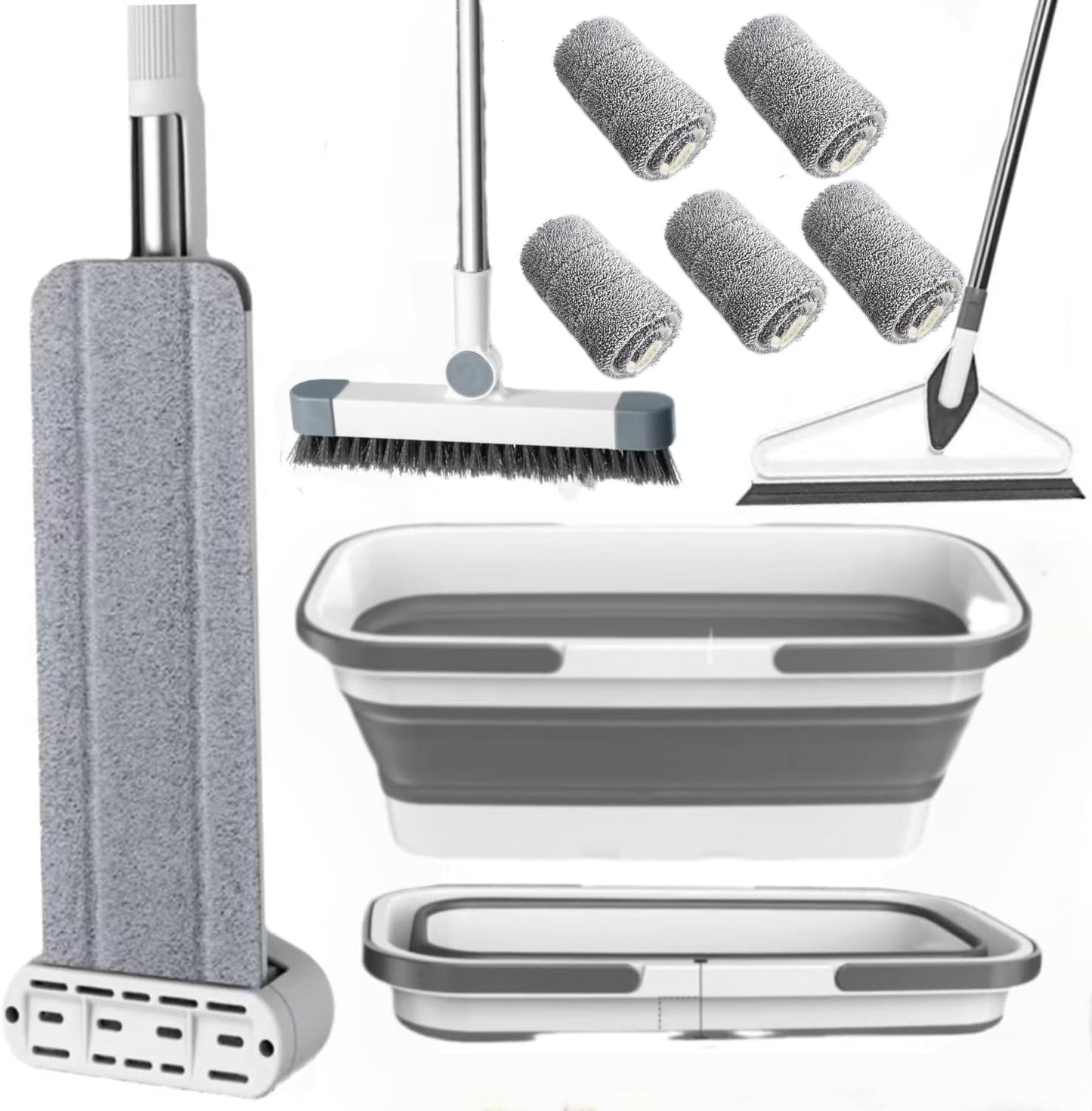 Microfiber Mop Bucket Set, Flat Mop with Bucket, Floor Brush & Glass Squeegee Included, Wet Dry Cleaning System with 6 Washable Pads (1 Mop+6 Microfiber Pads+1 Bucket+1 Floor Brush+1 Glass Wiper)