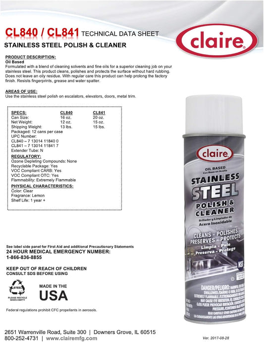 Claire Manufacturing CL8411PK Stainless Steel Polish Cleaner, 15 Ounce (Pack of 1)