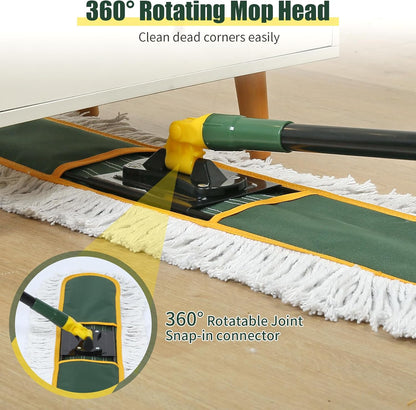 24 Inch Commercial Dust Mop,Heavy Duty Dry Wet Dust Mops Broom for Hardwood Floor, Laminate, Tile, Concrete Cleaning | 60 Extendable Handle & 2 Cotton Mop Heads | Home, Garage, Warehouse Use