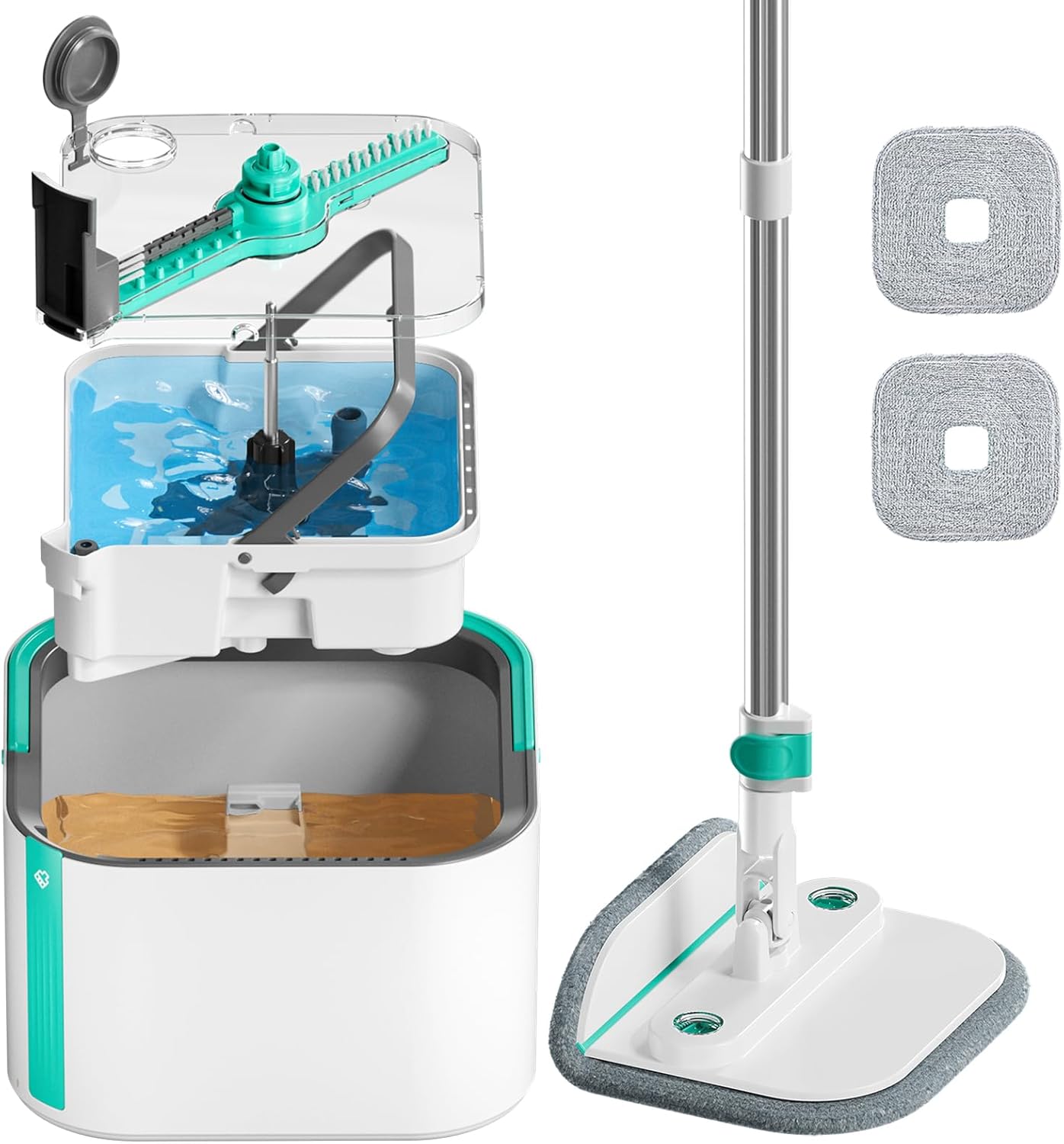 Upgraded Spin Mop and Bucket System Set, Self Separate Clean and Dirty Water, Foldable Square Standing Mop Head with Microfiber Mop Pads, Detachable Bucket (White+Blue, Mop Set with 6PC Pads)