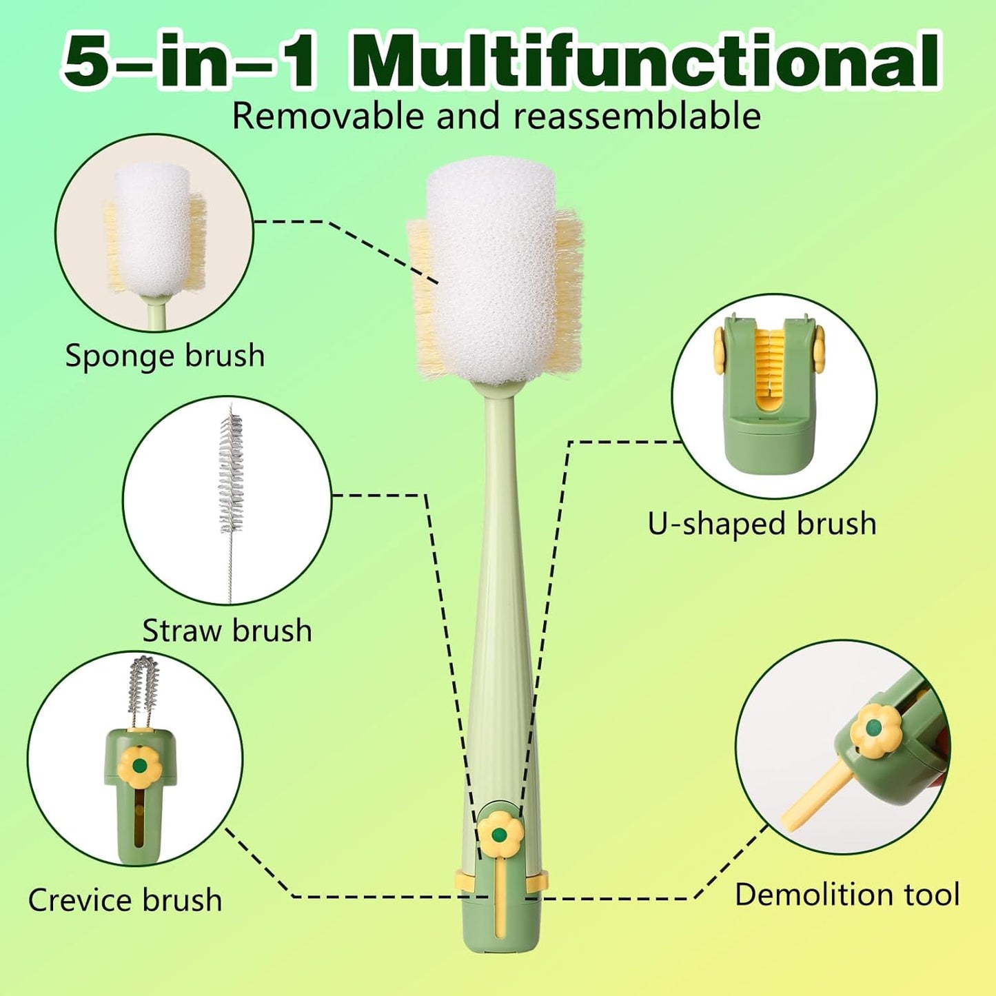 5 in 1 Bottle Cleaning Brush Set, 2026 Multifunctional Lid Brush Cleaning Tool Kitchen, Portable Long Handle Bottles Scrubber for Cup Lids, Hard Bristle Sponge Head Bottle Brushes (White and Green)