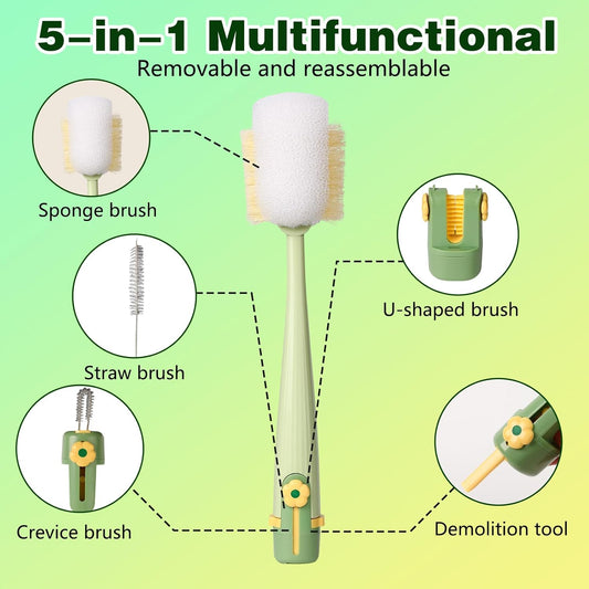 5 in 1 Bottle Cleaning Brush Set, 2026 Multifunctional Lid Brush Cleaning Tool Kitchen, Portable Long Handle Bottles Scrubber for Cup Lids, Hard Bristle Sponge Head Bottle Brushes (White and Green)
