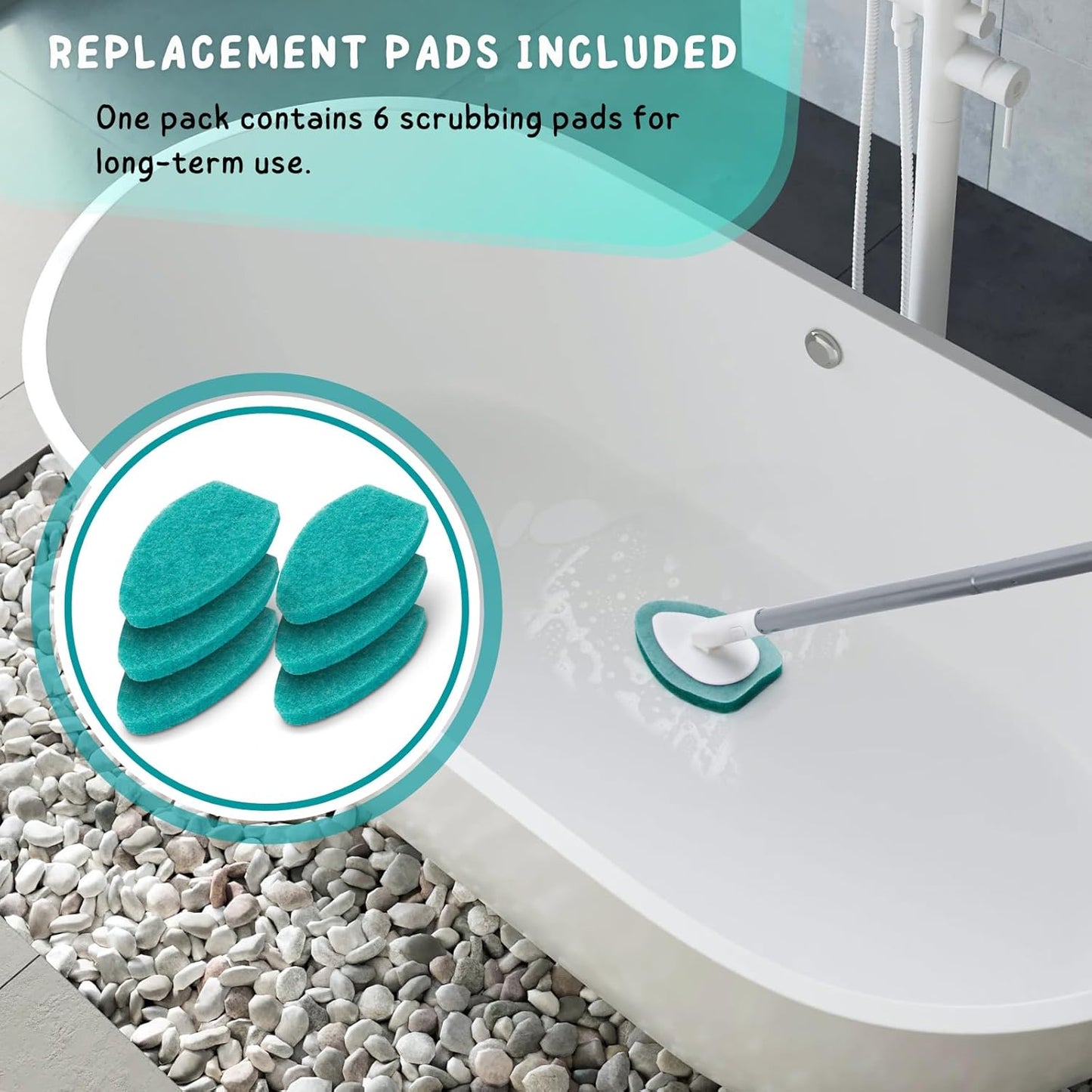 Shower Scrubber, Bathroom Tub and Tile Cleaner Brush with Long Handle, 47'' Bathtub Cleaning Tool with 6 Refill Pads