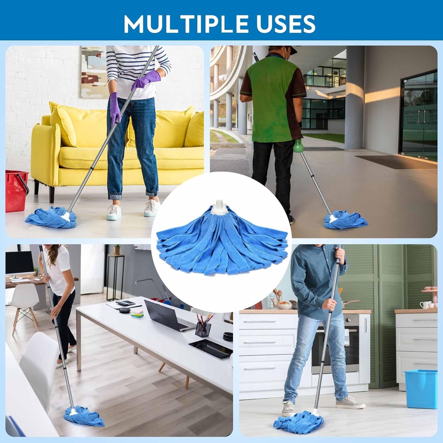 Matthew Microfiber Mop Compatible with Ceda Refill - Commercial Mop Replacement 54" Stainless Steel Handle with 2 Wet Mop Heads w/1 Handle Incl. 2 Pcs Blue Microfiber Cloth