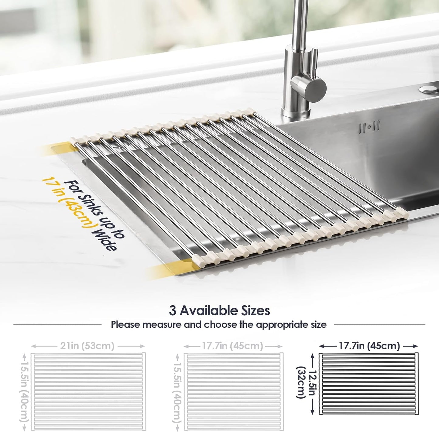 Tomorotec 17.7" x 15.5" Roll Up Dish Drying Rack Over Sink Drying Rack Sink Cover Kitchen Sink Accessories Gadget Multipurpose Organizer Foldable Stainless Steel Drainer (Grey)