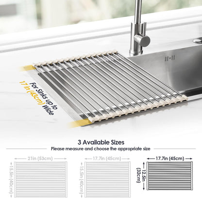 Tomorotec 17.7" x 15.5" Roll Up Dish Drying Rack Over Sink Drying Rack Sink Cover Kitchen Sink Accessories Gadget Multipurpose Organizer Foldable Stainless Steel Drainer (Grey)
