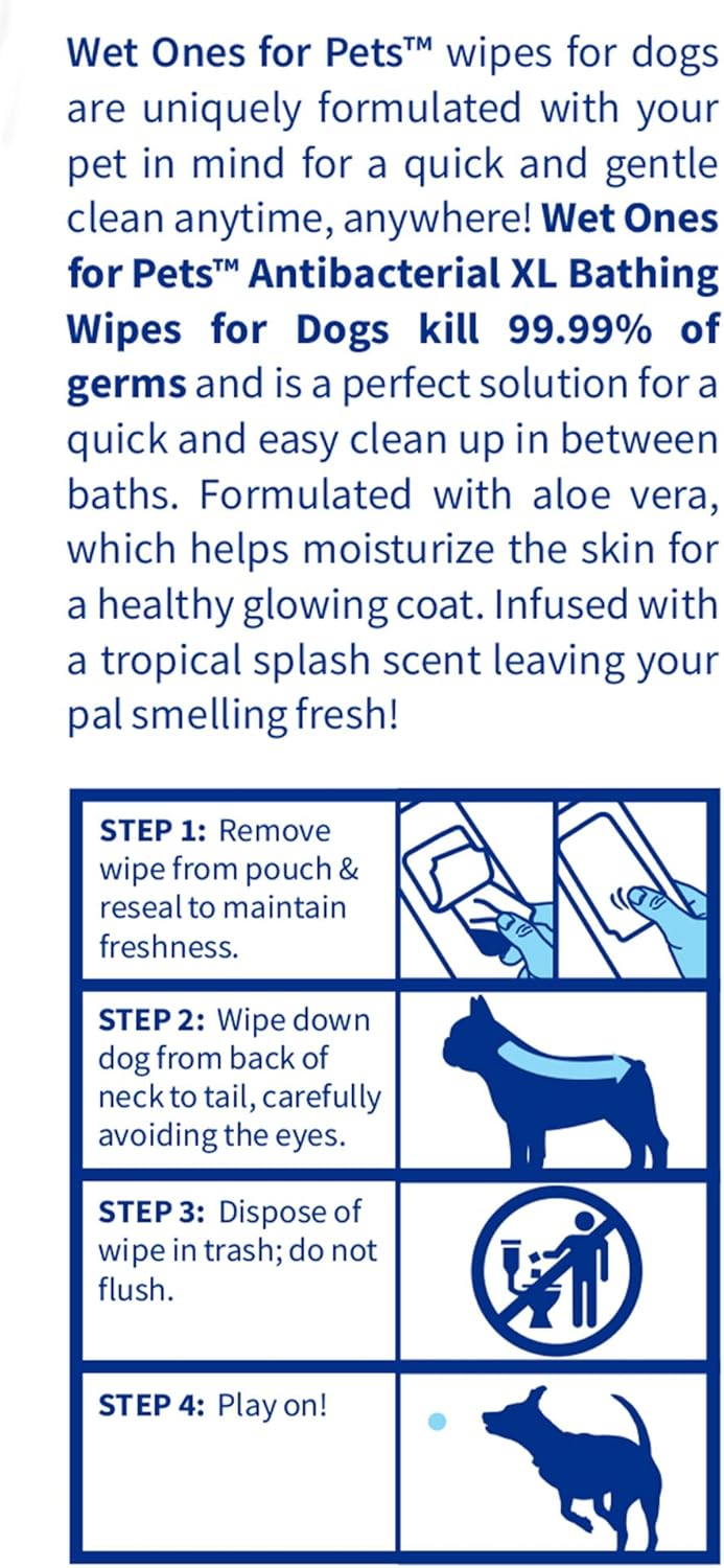Wet Ones for Pets Antibacterial Dog Wipes, Multi-Purpose Grooming Wipes with Aloe Vera for Paws, Face & Body, Easy Cleanups Between Baths, Tropical Splash Scent, 5.7 in x 7.5 in, 50 Count
