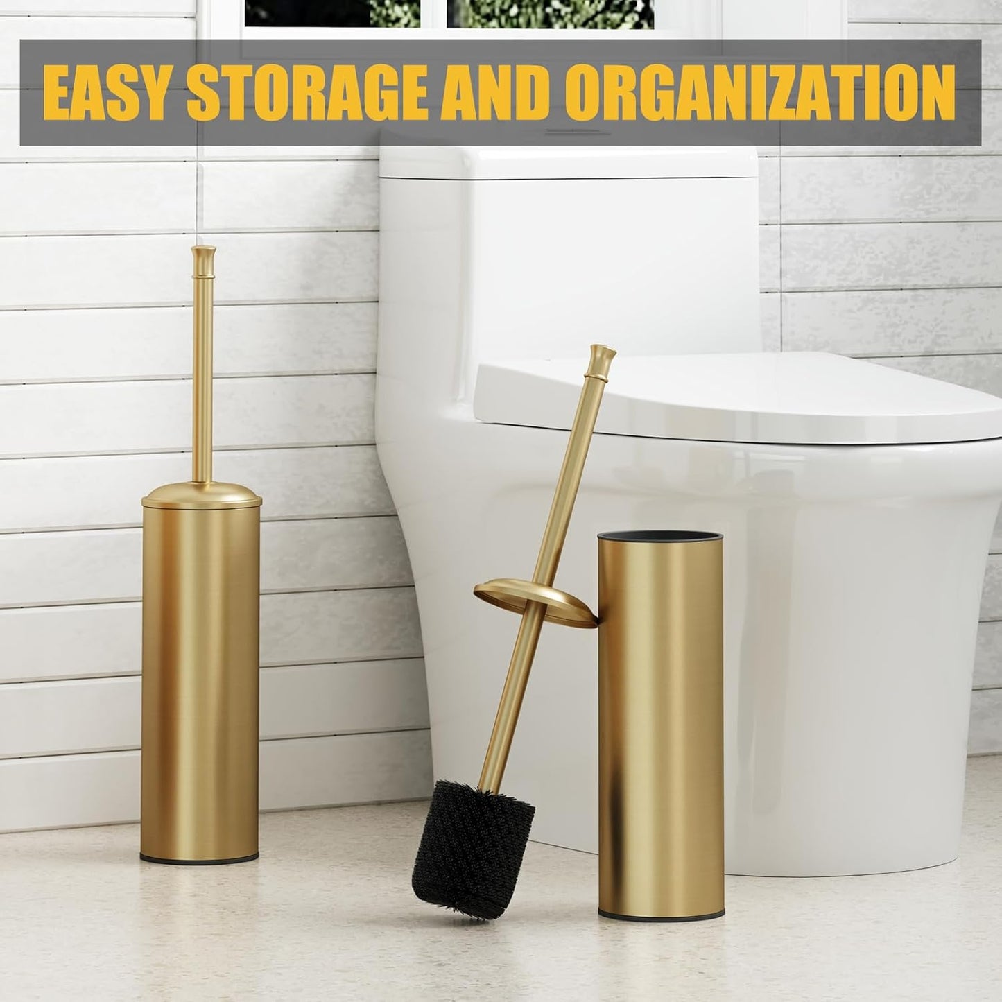 BESy Toilet Brush and Holder, Toilet Cleaner Bowl Set with Two Brush with Extra Long Handle, Durable Bristles Toilet Scrubber and Covered Holder, Drip-Proof Stainless Steel Oil Rubbed Bronze