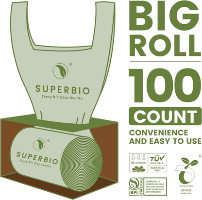 SUPERBIO 13 Gallon Compostable Kitchen Waste Bags with Handles, Food Scrap Bags Certified by BPI, OK compost INDUSTRIAL, 30 Count, 49.2L