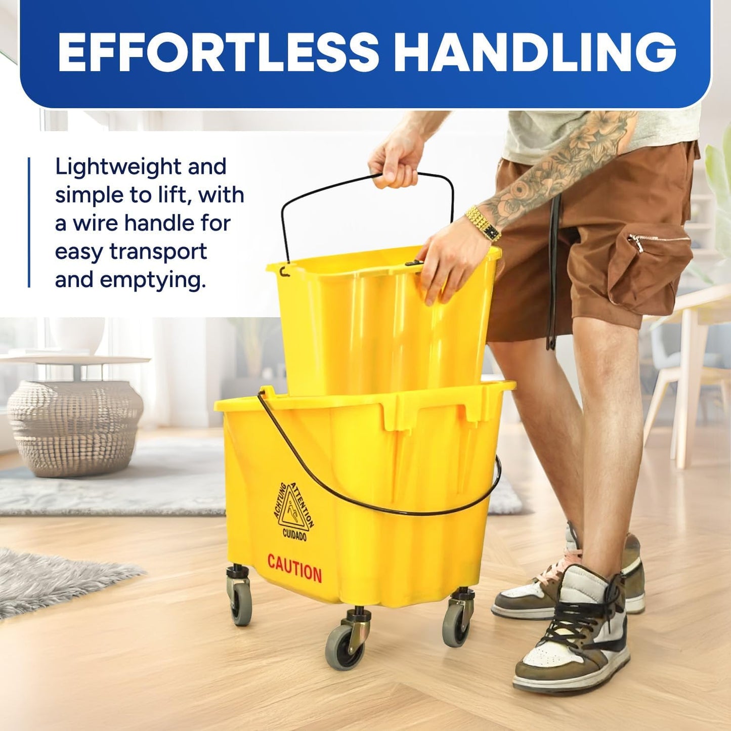 PLASTIC PRINCE Small Mop Bucket with Wringer on Wheels 5 Gallon, Heavy Duty Dual Chamber Mop Bucket Separate Dirty Water, Perfect for Household, 20 Quart Yellow