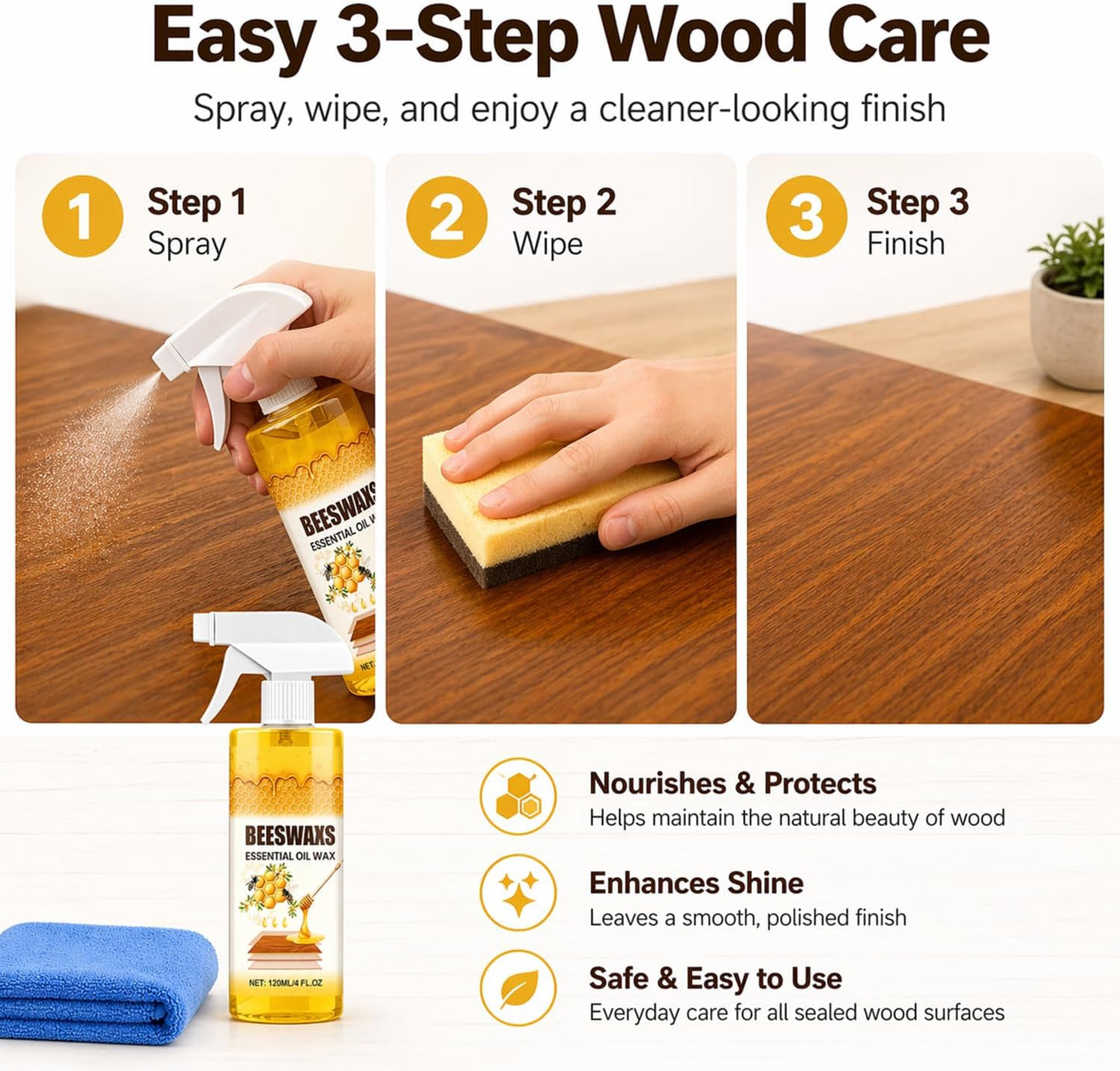 Beeswax Spray, Beeswax Spray Cleaner, Beeswax Furniture Polish, Natural Wood Care for Furniture, Floors, Tables & Cabinets (1pc)