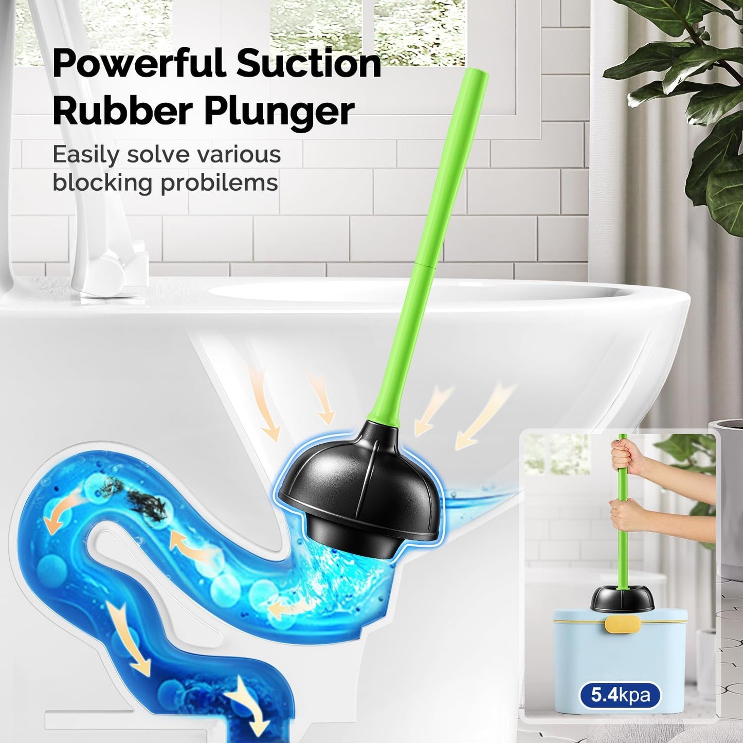 HAMITOR Toilet Plunger Bowl Brush Combo：Heavy Duty Rubber for Drain Clog Remover - Curved Design Bristles for Deep Cleaning Under Rim - Compact Bathroom Cleaning Tools for New Homet Essentials - White
