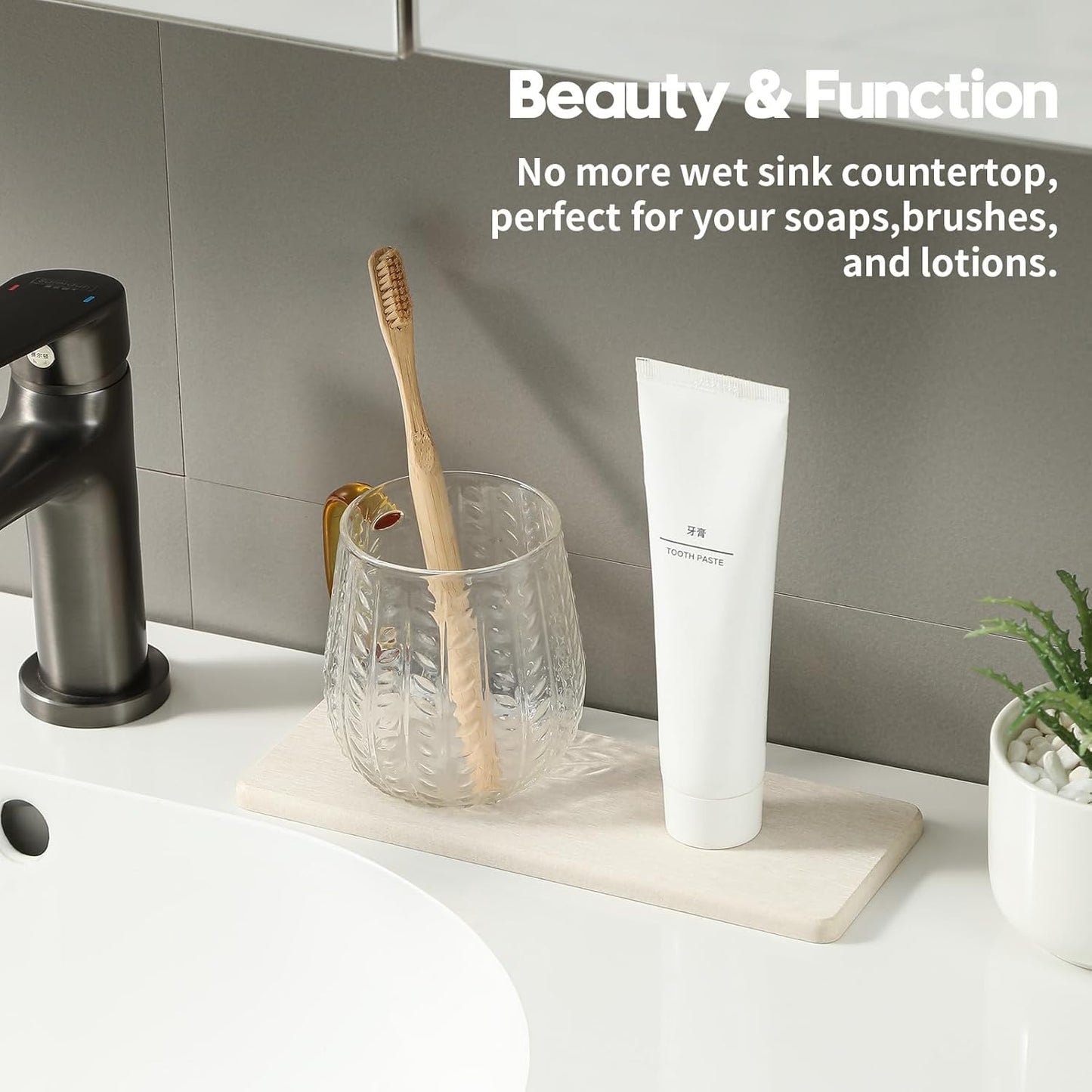 2PCS Water Absorbing Stone Drying Tray for Kitchen Counter & Bathroom Sink, Diatomite Faucet Splash Guard, Soap Dispenser Rack & Sponge Holder Caddy Organizer, Marble White (Printed Pattern), 9"x 3.5"