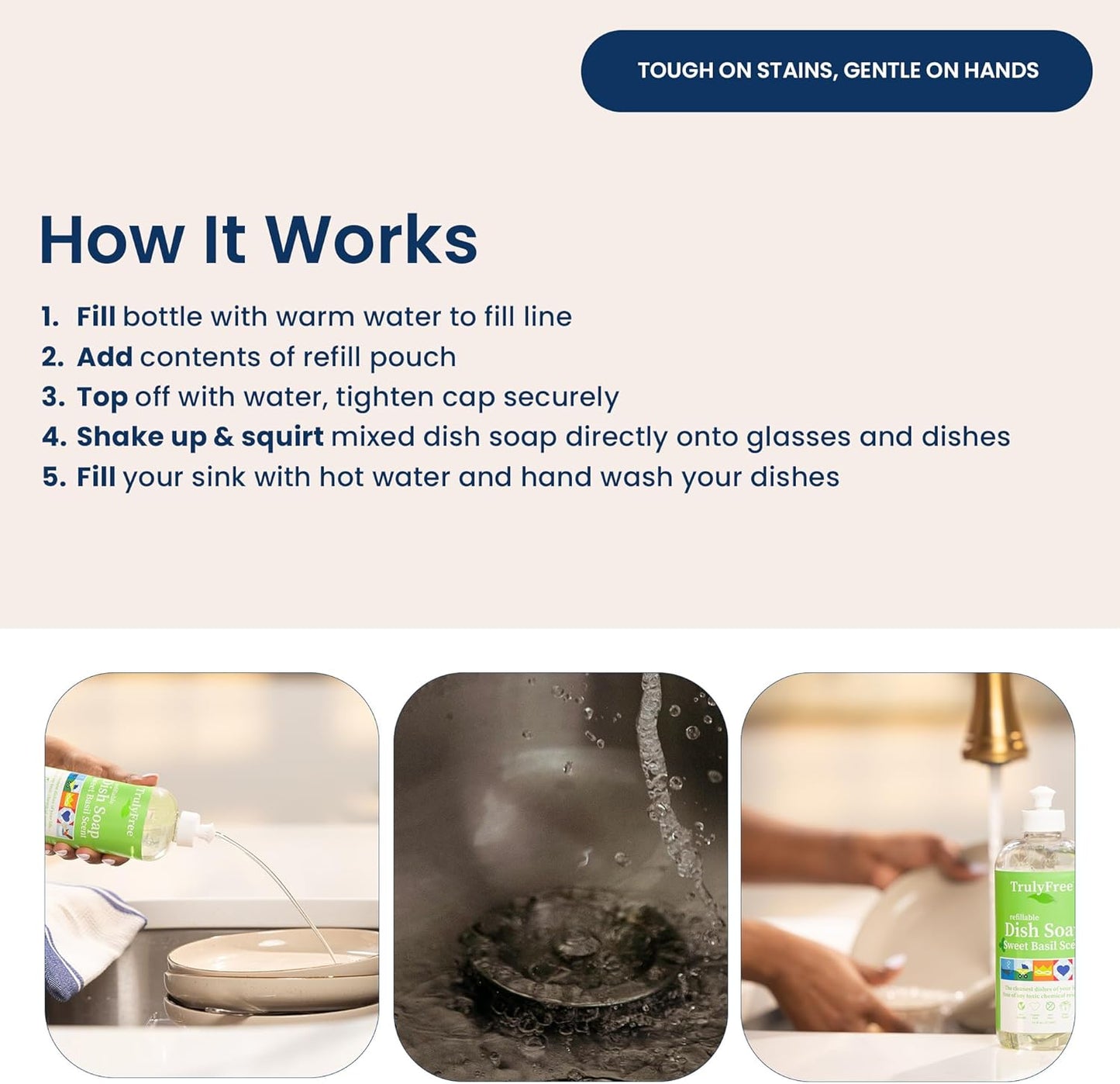 Truly Free Non Toxic Dish Soap Kit | Natural Concentrated Dishwashing Liquid - Sweet Basil Scent | Organic Plant-Based | Family Safe - Eco-Friendly Formula | 16 fl oz