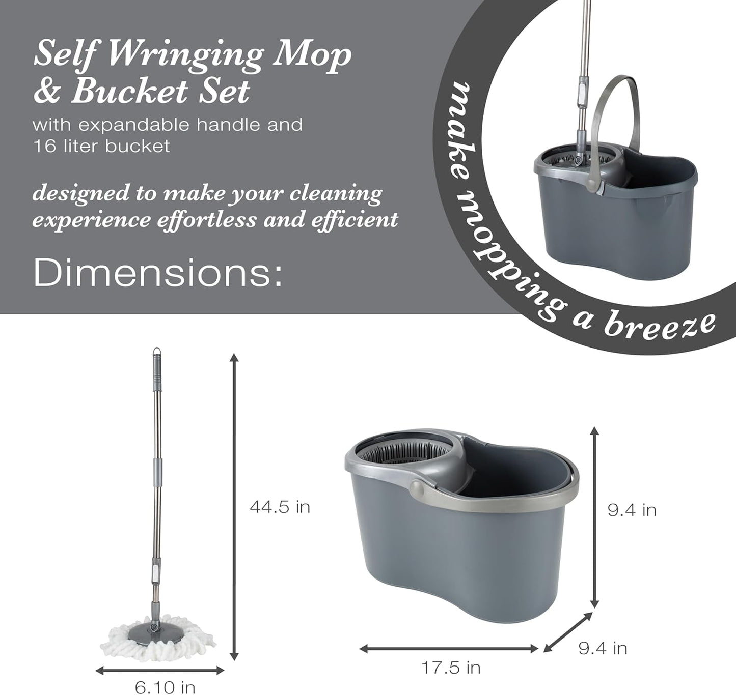 Simplify Self Wringing Mop & Bucket Set | 16 Liter | Extendable Handle | Gentle on Floors