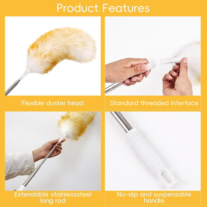 Lambswool Extendable Mini Duster 14-34 Inch Stainless Steel Extension Telescoping Pole Wool Dusters for Cleaning Ceiling Fans Window Blinds Car Interiors Furniture Dusting