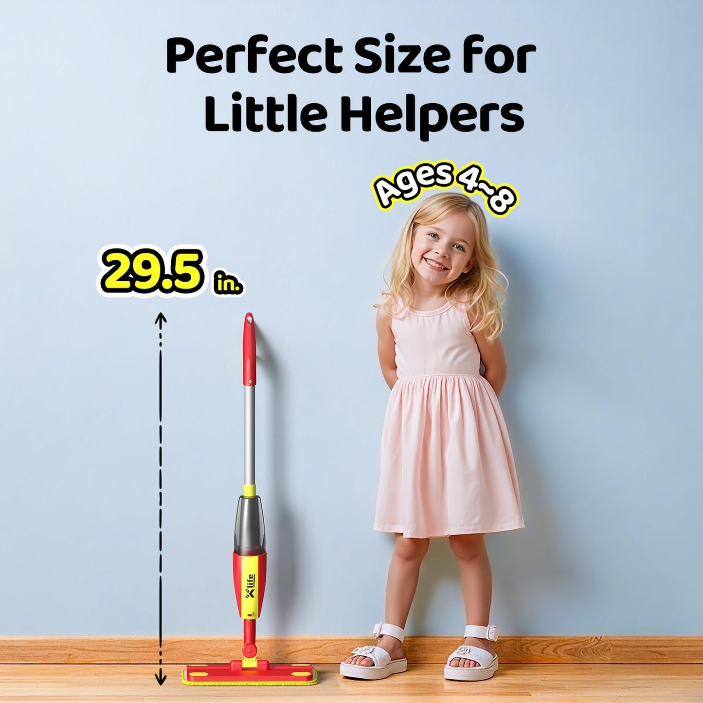 Xlife Kids Spray Mop Set - Montessori Toy for Ages 4-8 Real Water Sprayer & Sweeper Combo, Pretend Play Housekeeping Kit, Washable Pads (Red)