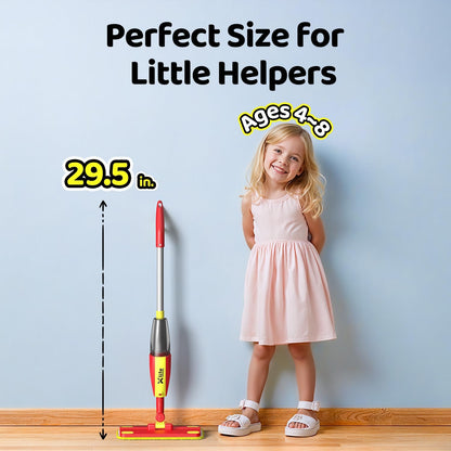 Xlife Kids Spray Mop Set - Montessori Toy for Ages 4-8 Real Water Sprayer & Sweeper Combo, Pretend Play Housekeeping Kit, Washable Pads (Red)