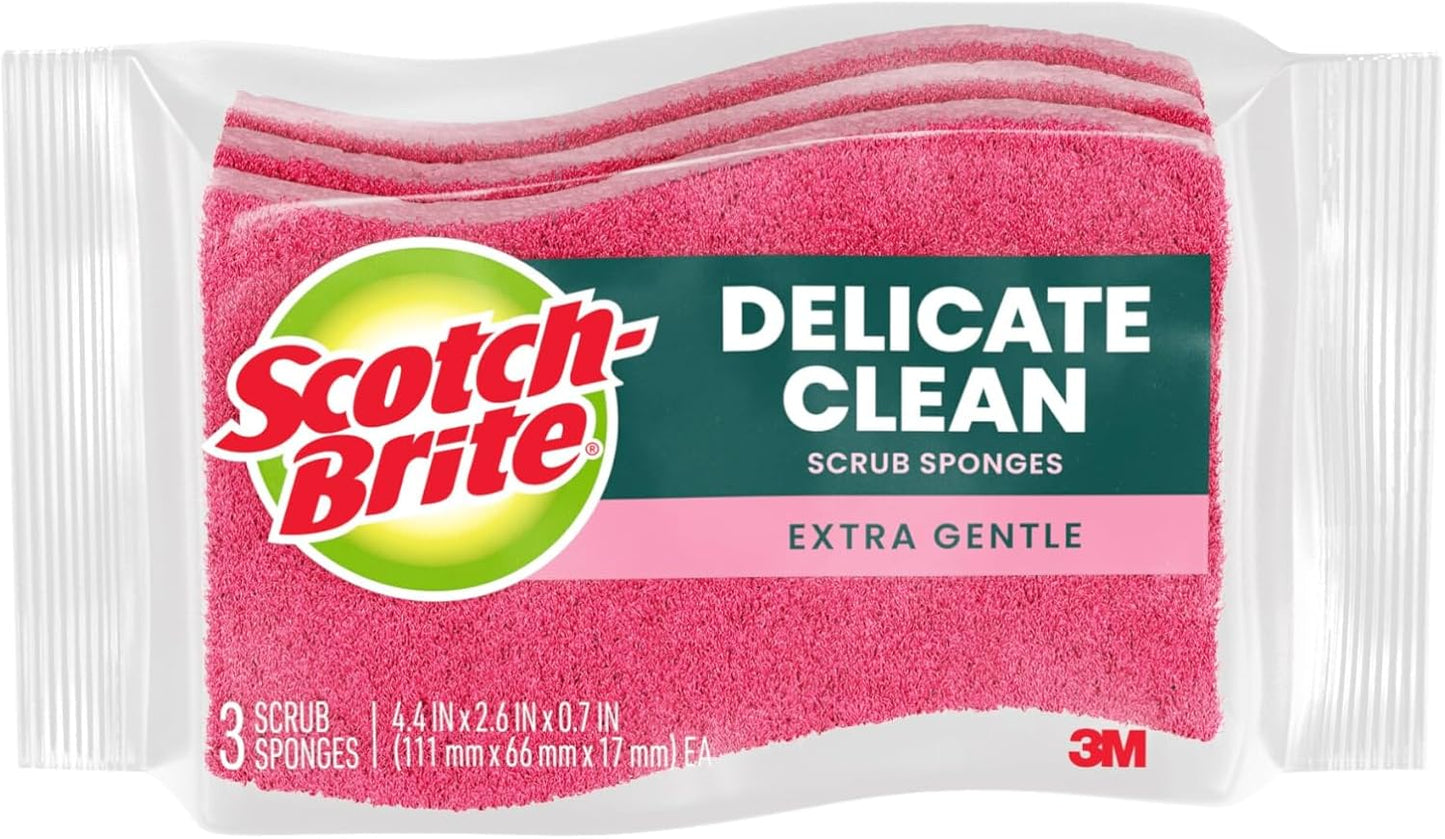 Scotch-Brite Delicate Clean Non-Scratch Scrub Sponge, 3 Nonscratch Kitchen Sponges for Gentle Cleaning of Porcelain, Fine china, Stemware, Nonstick Pots and Pans, Mirrors, Faucets, and More