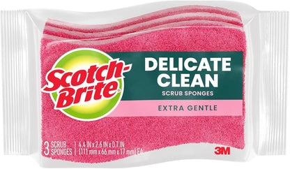 Scotch-Brite Delicate Clean Non-Scratch Scrub Sponge, 3 Nonscratch Kitchen Sponges for Gentle Cleaning of Porcelain, Fine china, Stemware, Nonstick Pots and Pans, Mirrors, Faucets, and More