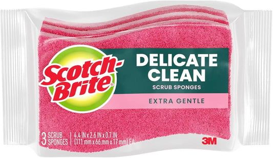 Scotch-Brite Delicate Clean Non-Scratch Scrub Sponge, 3 Nonscratch Kitchen Sponges for Gentle Cleaning of Porcelain, Fine china, Stemware, Nonstick Pots and Pans, Mirrors, Faucets, and More